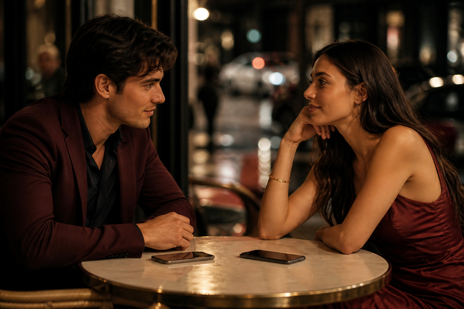 Two people connecting over conversation at night